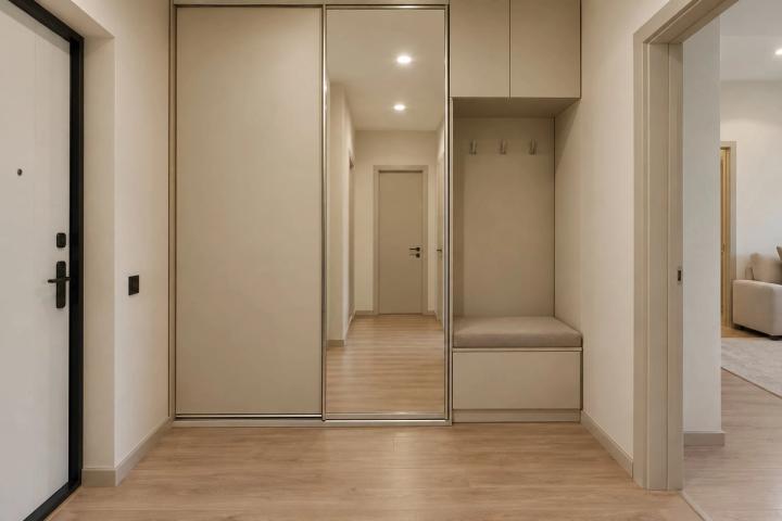 Minimalist üslubunda giriş holu (yaşayış kompleksində mənzil, gündüz işığı) — Ekonom təmir paketi, dizayn vizuallaşdırması