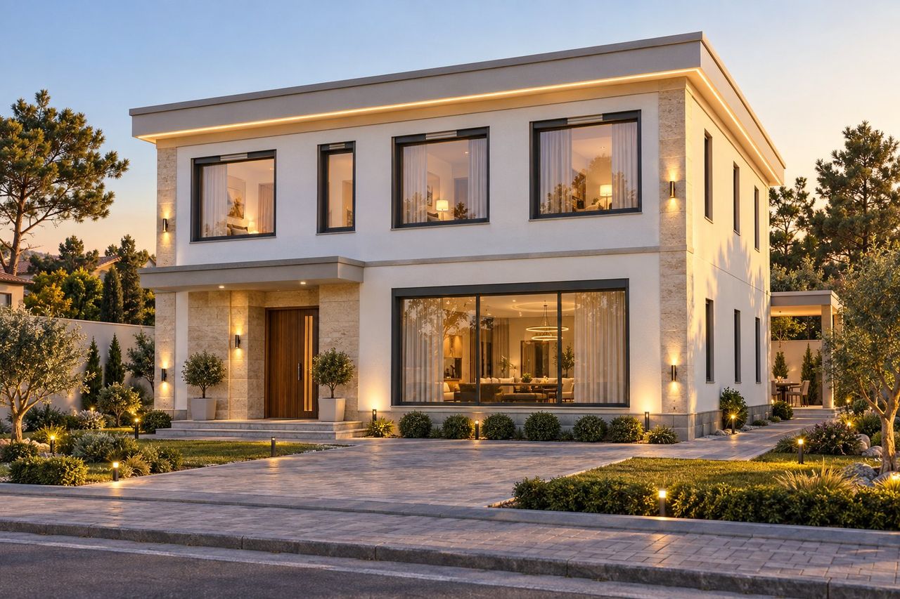 EM57-288 layihəsinin fasad vizuallaşdırması — ikimərtəbəli ev, düz dam