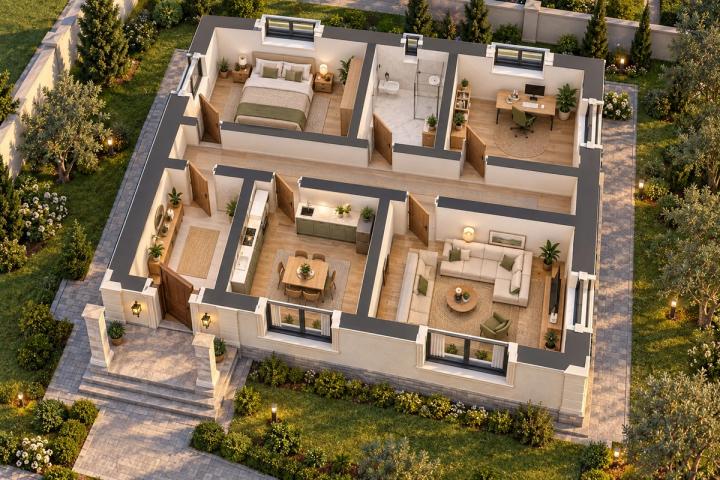 BK23-098 layihəsinin 3D kəsik planı — mebelli otaqlar, vizuallaşdırma