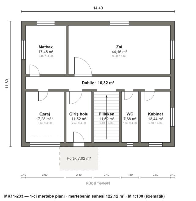 MK11-233 layihəsinin 1-ci mərtəbə planı — 122,12 m²