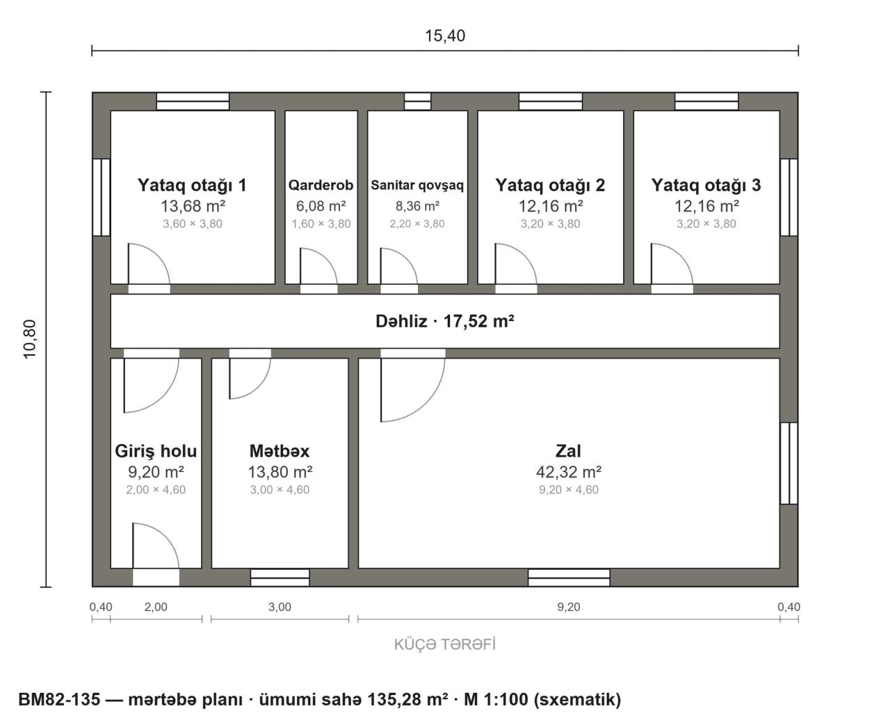 BM82-135 layihəsinin mərtəbə planı — 135 m², 3 yataq otağı
