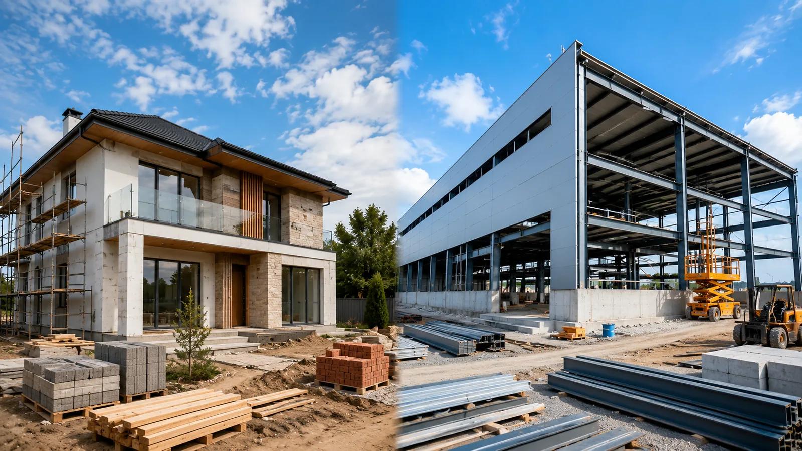 Two sites side by side: a two-storey private house in scaffolding and an industrial building with a steel frame; around them, concrete blocks, brick, timber and stacks of steel profile