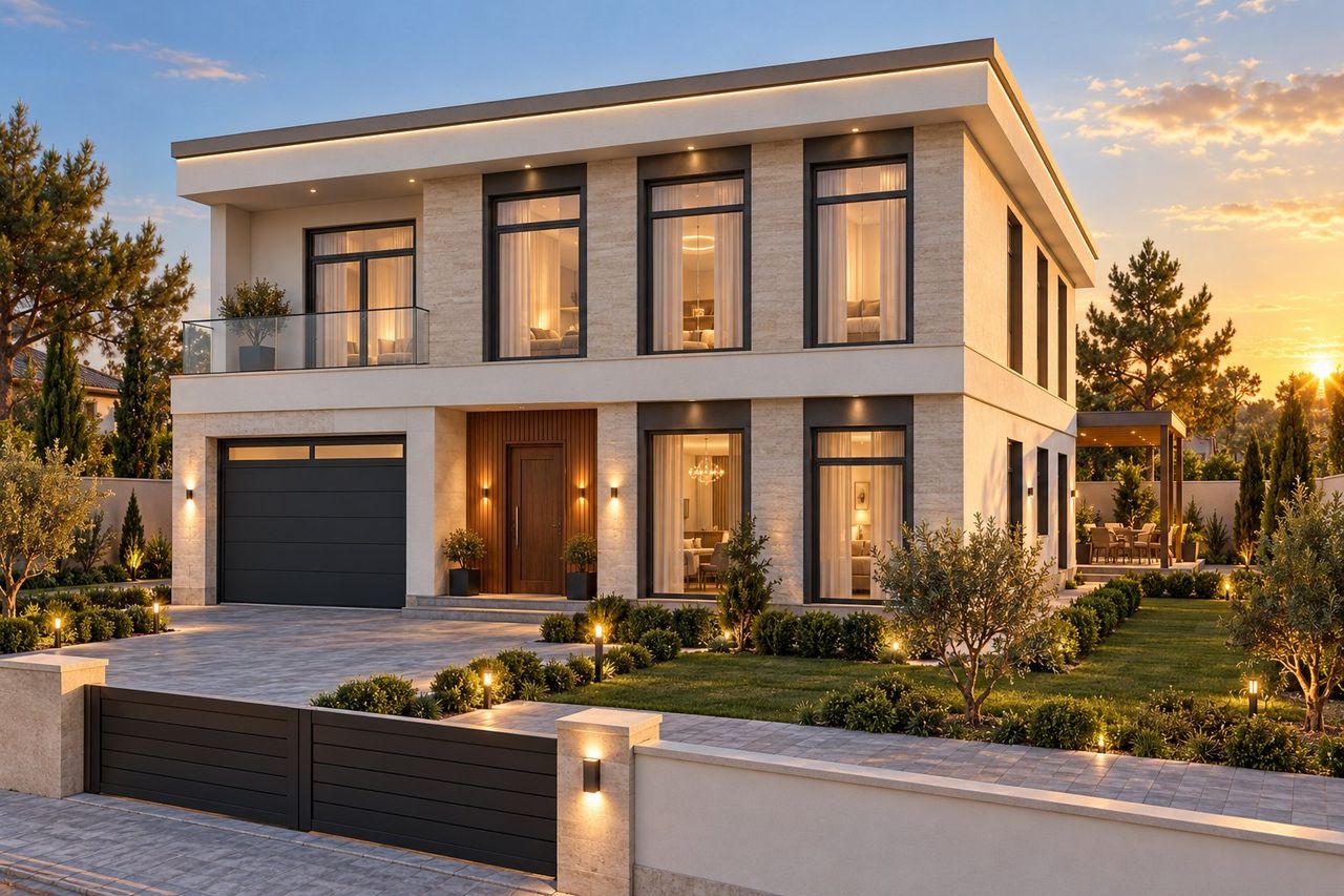EM55-245 layihəsinin fasad vizuallaşdırması — ikimərtəbəli ev, düz dam