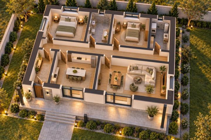 BM50-118 layihəsinin 3D kəsik planı — mebelli otaqlar, vizuallaşdırma