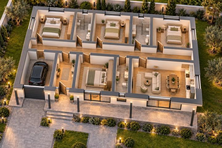 BM93-143 layihəsinin 3D kəsik planı — mebelli otaqlar, vizuallaşdırma