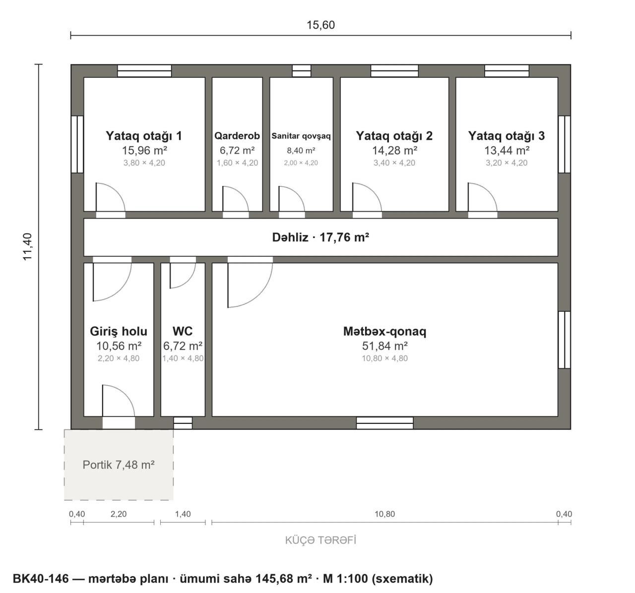 BK40-146 layihəsinin mərtəbə planı — 146 m², 3 yataq otağı
