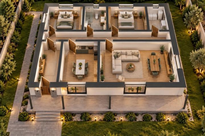 BM87-123 layihəsinin 3D kəsik planı — mebelli otaqlar, vizuallaşdırma