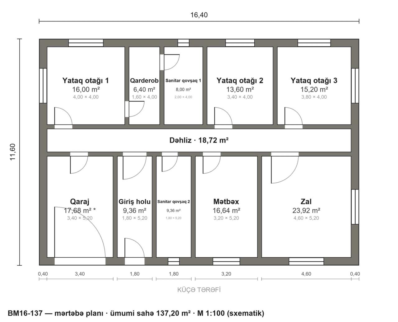 BM16-137 layihəsinin mərtəbə planı — 137 m², 3 yataq otağı