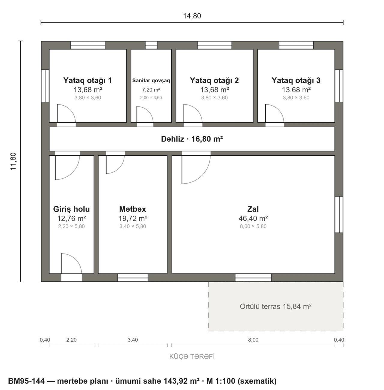 BM95-144 layihəsinin mərtəbə planı — 144 m², 3 yataq otağı
