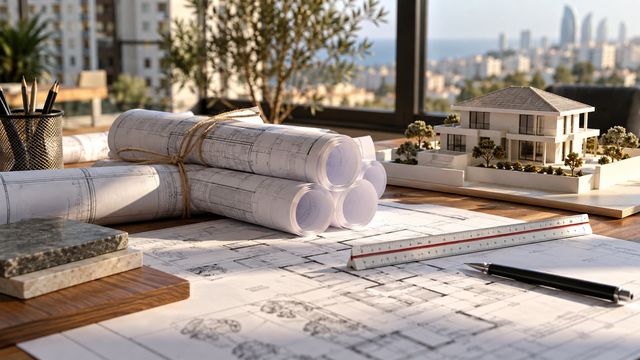 Bükülmüş çertyojlar, xətkeş və ağ ev maketi çertyoj masasında