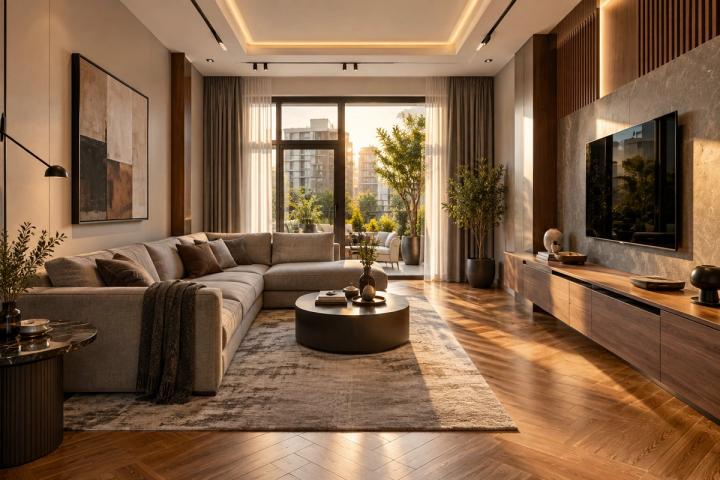Modern üslubunda qonaq otağı (yeni tikili mənzil, axşamüstü işıq) — Premium təmir paketi, dizayn vizuallaşdırması