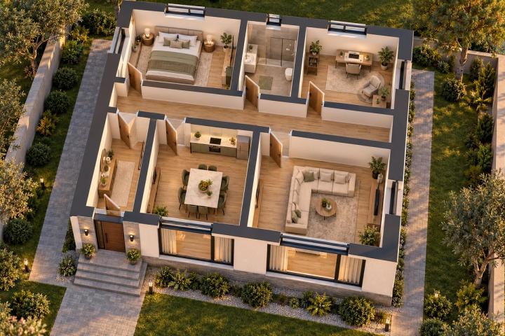 BM76-094 layihəsinin 3D kəsik planı — mebelli otaqlar, vizuallaşdırma