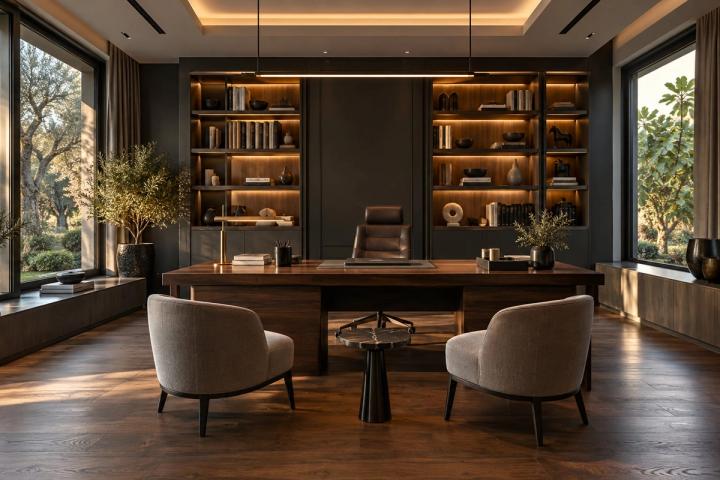 Modern üslubunda kabinet (villa, axşamüstü işıq) — Premium təmir paketi, dizayn vizuallaşdırması
