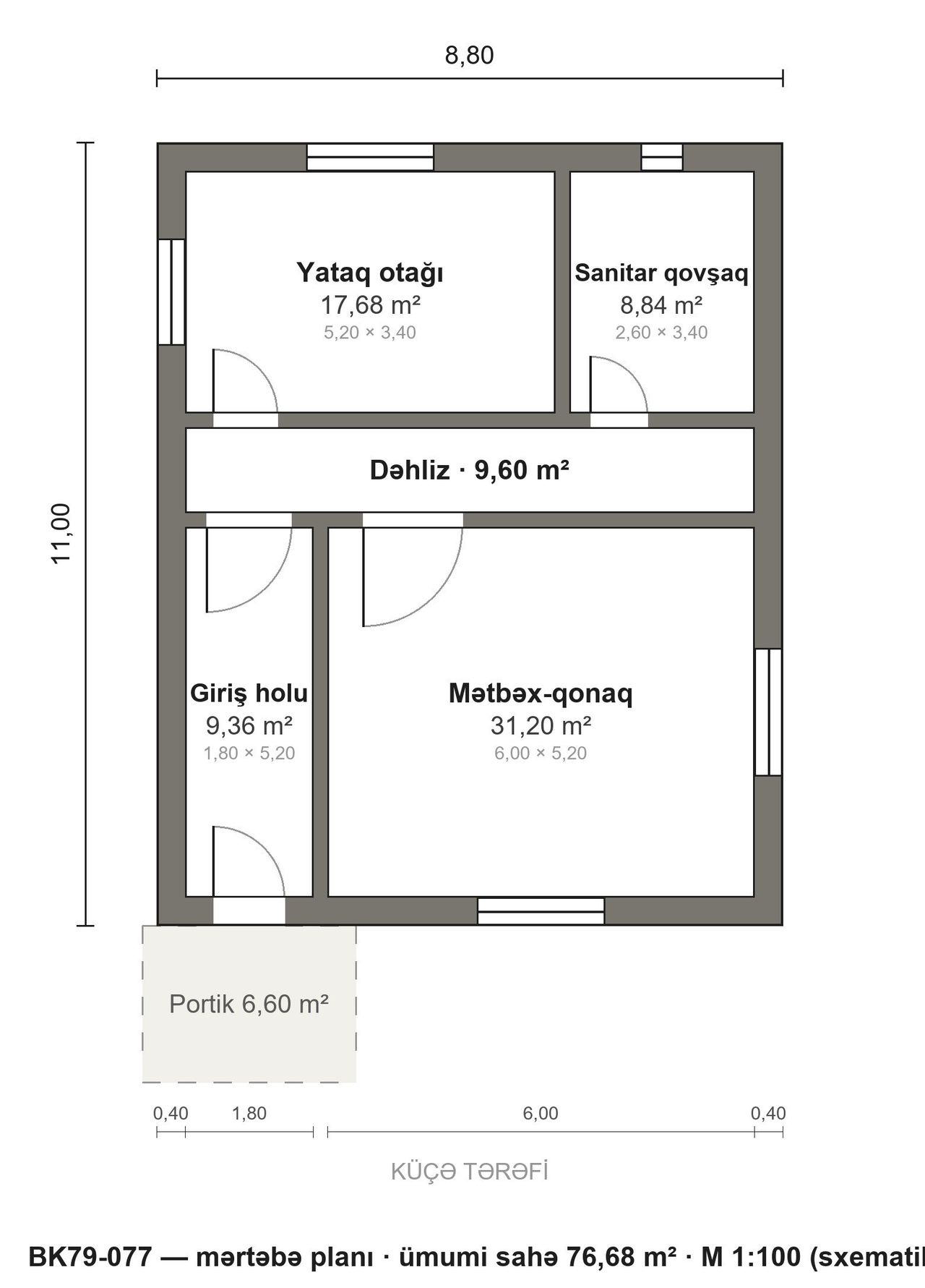 BK79-077 layihəsinin mərtəbə planı — 77 m², 1 yataq otağı