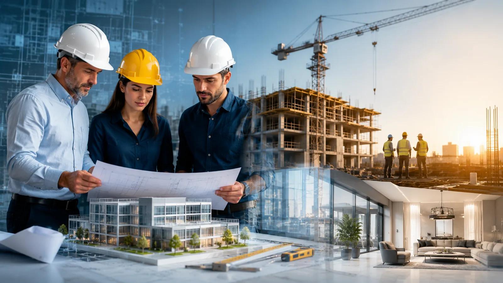 Three specialists in hard hats studying a project drawing; a model of the building in front of them, a construction site with a crane and a finished interior in the background