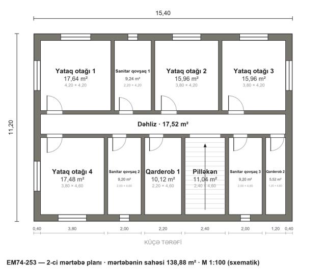 EM74-253 layihəsinin 2-ci mərtəbə planı — 4 yataq otağı