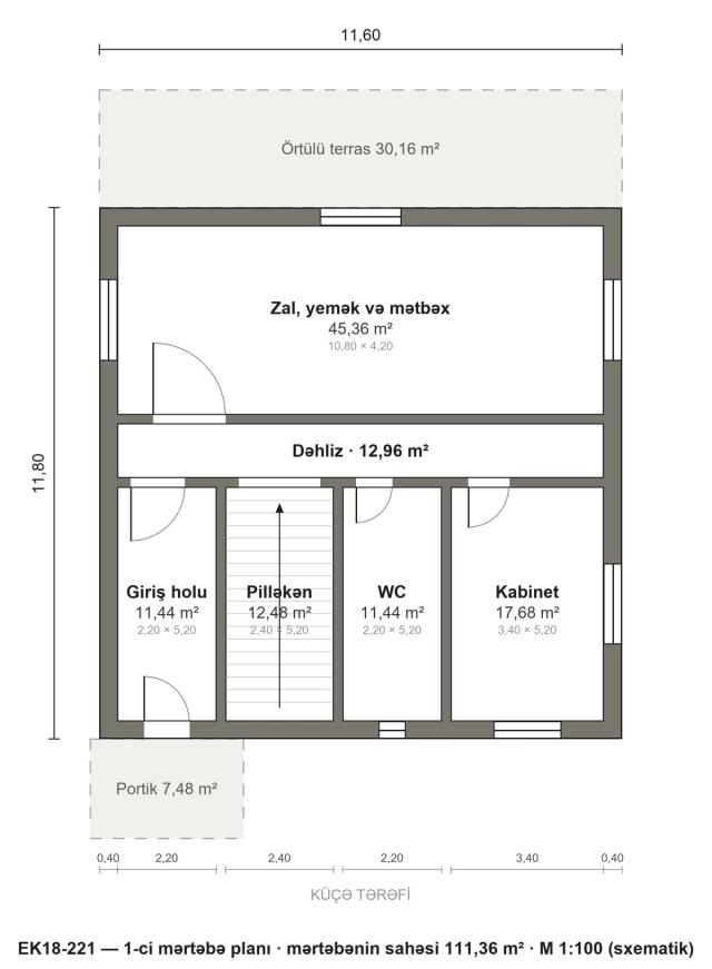 EK18-221 layihəsinin 1-ci mərtəbə planı — 111,36 m²