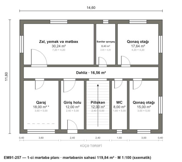 EM91-257 layihəsinin 1-ci mərtəbə planı — 119,84 m²