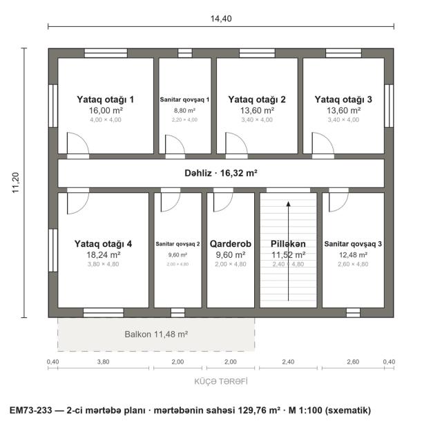 EM73-233 layihəsinin 2-ci mərtəbə planı — 4 yataq otağı