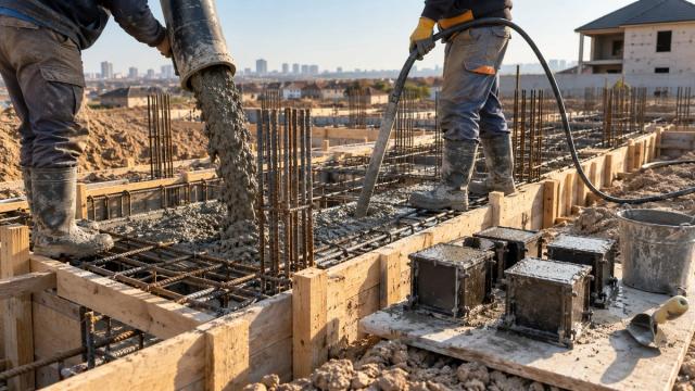 Armaturlu bünövrəyə beton tökülməsi və sınaq kub qəlibləri