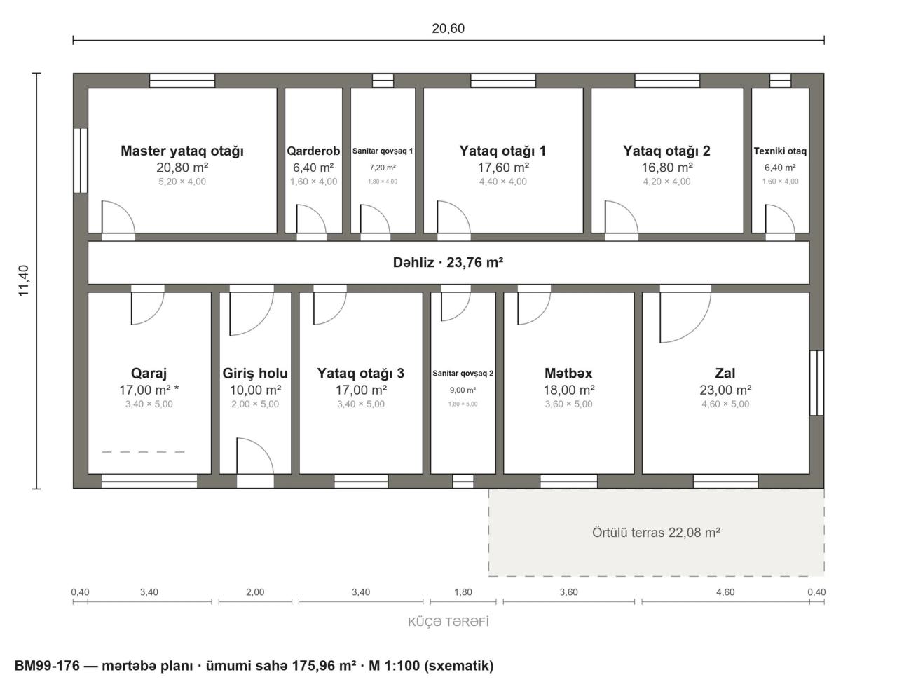 BM99-176 layihəsinin mərtəbə planı — 176 m², 4 yataq otağı