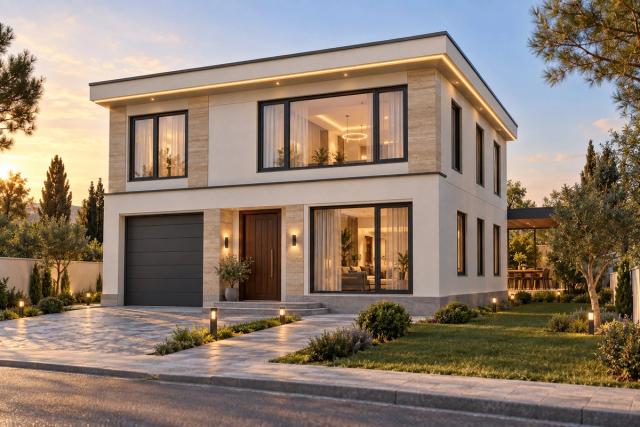 EM34-243 layihəsinin fasad vizuallaşdırması — ikimərtəbəli ev, düz dam