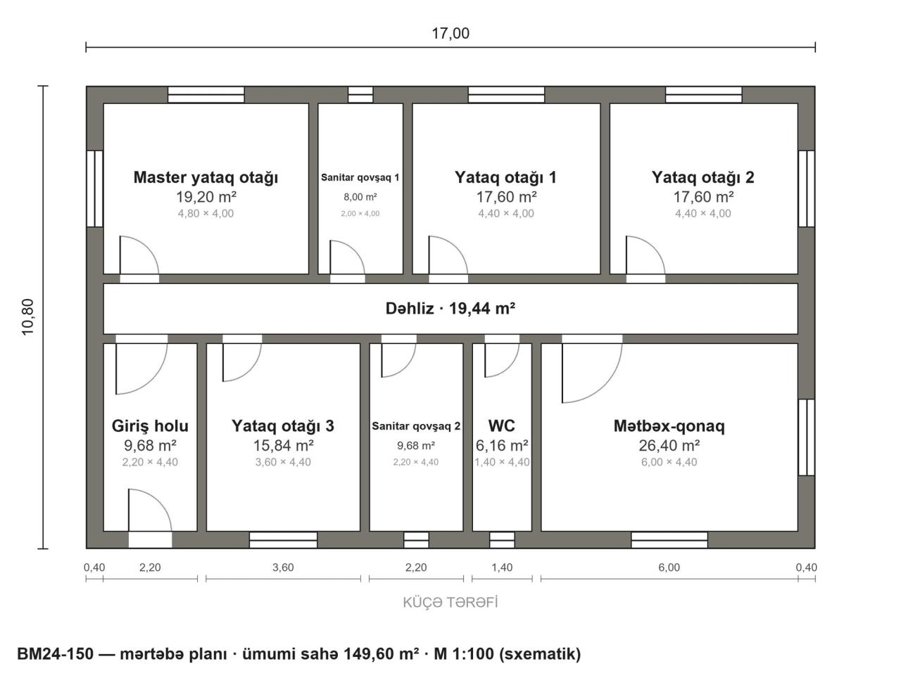 BM24-150 layihəsinin mərtəbə planı — 150 m², 4 yataq otağı