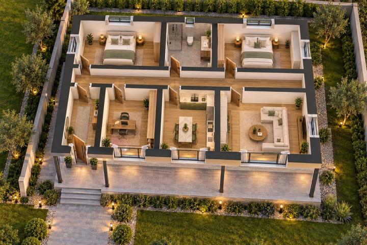 BM62-124 layihəsinin 3D kəsik planı — mebelli otaqlar, vizuallaşdırma