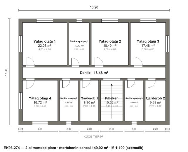 EK93-274 layihəsinin 2-ci mərtəbə planı — 4 yataq otağı