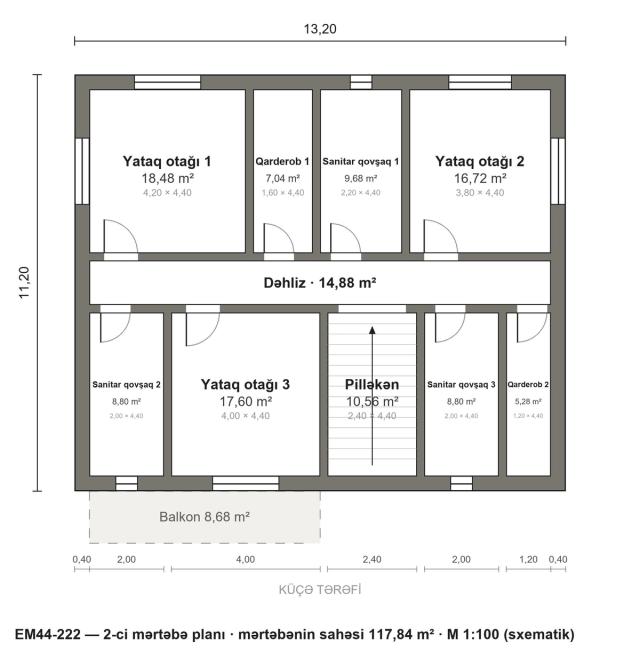 EM44-222 layihəsinin 2-ci mərtəbə planı — 3 yataq otağı