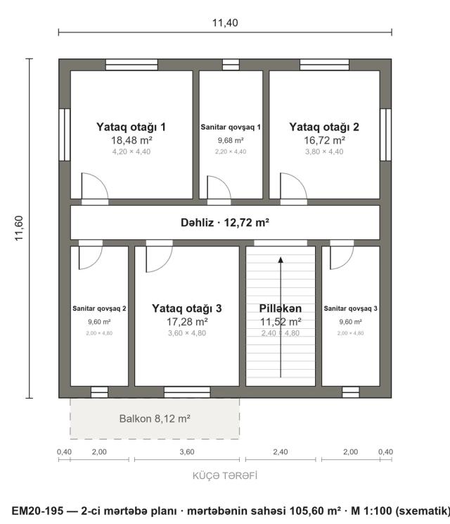 EM20-195 layihəsinin 2-ci mərtəbə planı — 3 yataq otağı