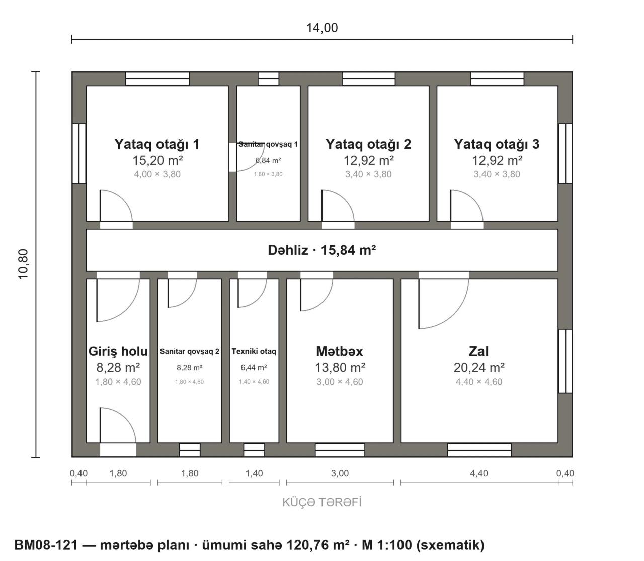 BM08-121 layihəsinin mərtəbə planı — 121 m², 3 yataq otağı
