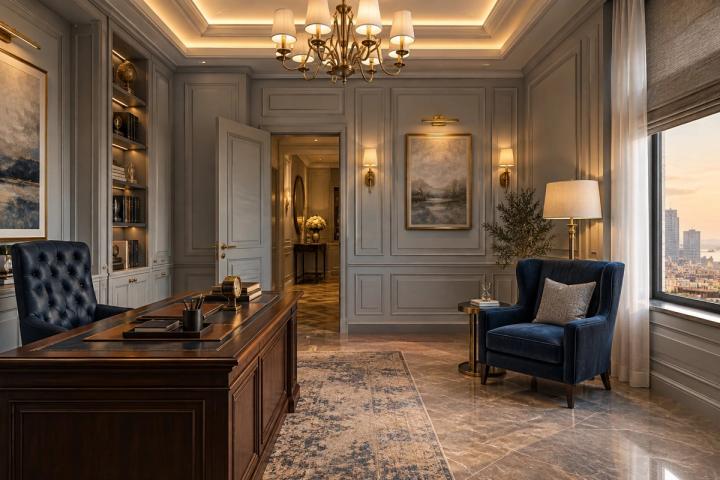 Neoklassik üslubunda kabinet (yeni tikili mənzil, axşamüstü işıq) — Premium təmir paketi, dizayn vizuallaşdırması
