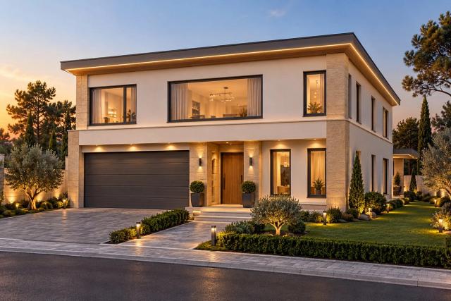 EM37-263 layihəsinin fasad vizuallaşdırması — ikimərtəbəli ev, düz dam