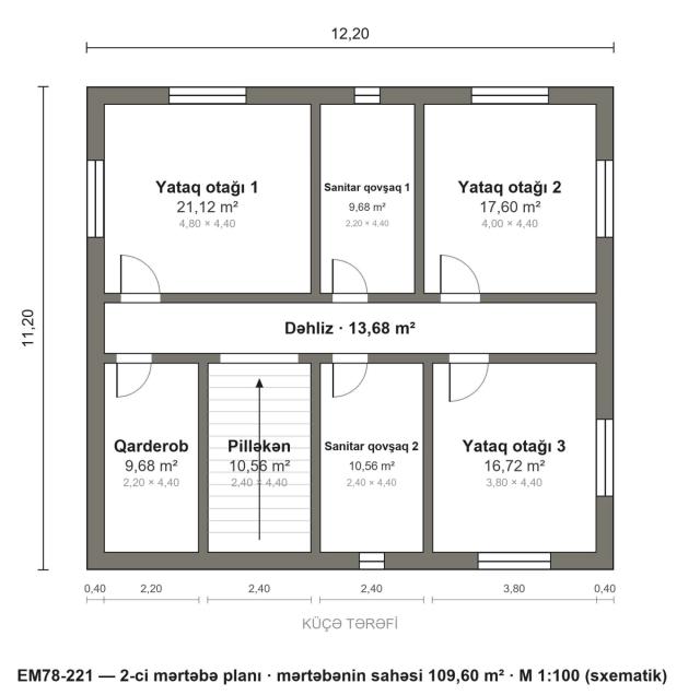 EM78-221 layihəsinin 2-ci mərtəbə planı — 3 yataq otağı