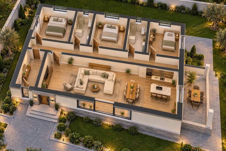 BM68-166 layihəsinin 3D kəsik planı — mebelli otaqlar, vizuallaşdırma