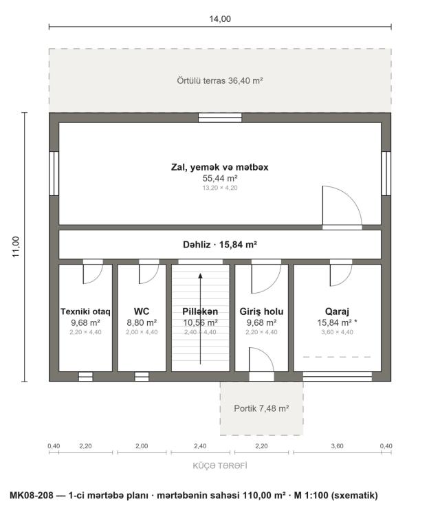 MK08-208 layihəsinin 1-ci mərtəbə planı — 110,00 m²
