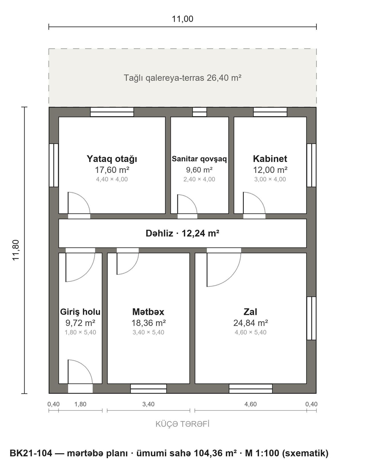 BK21-104 layihəsinin mərtəbə planı — 104 m², 1 yataq otağı