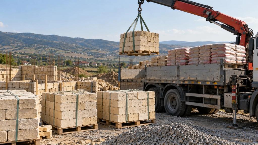 Uzaq tikinti sahəsində kranlı yük maşınından daş və sement boşaldılması