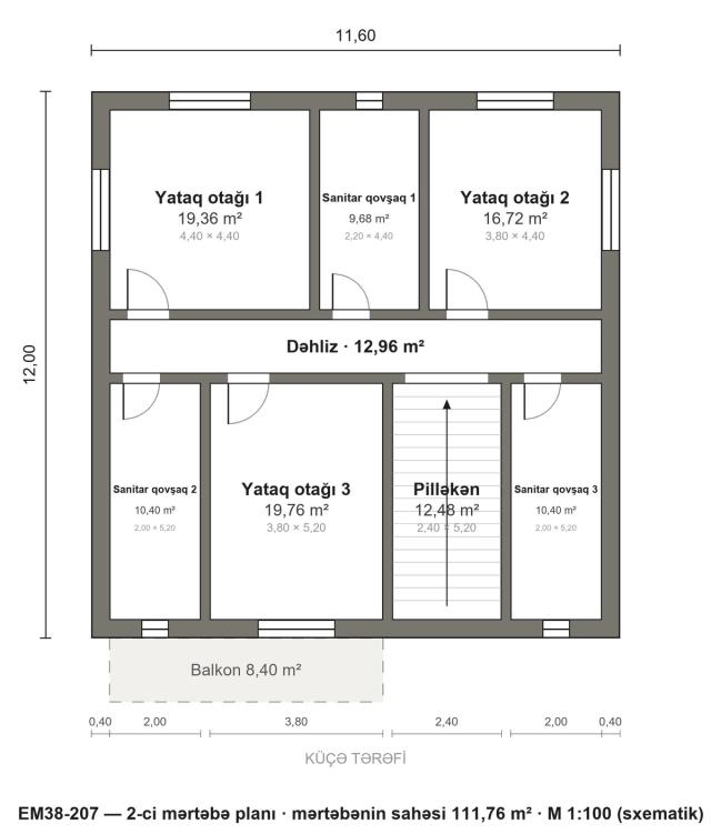 EM38-207 layihəsinin 2-ci mərtəbə planı — 3 yataq otağı