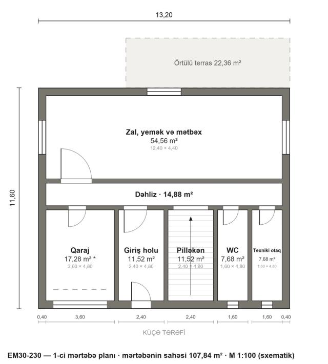 EM30-230 layihəsinin 1-ci mərtəbə planı — 107,84 m²