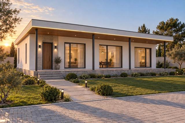 BM20-228 layihəsinin fasad vizuallaşdırması — düz dam, örtülü terras