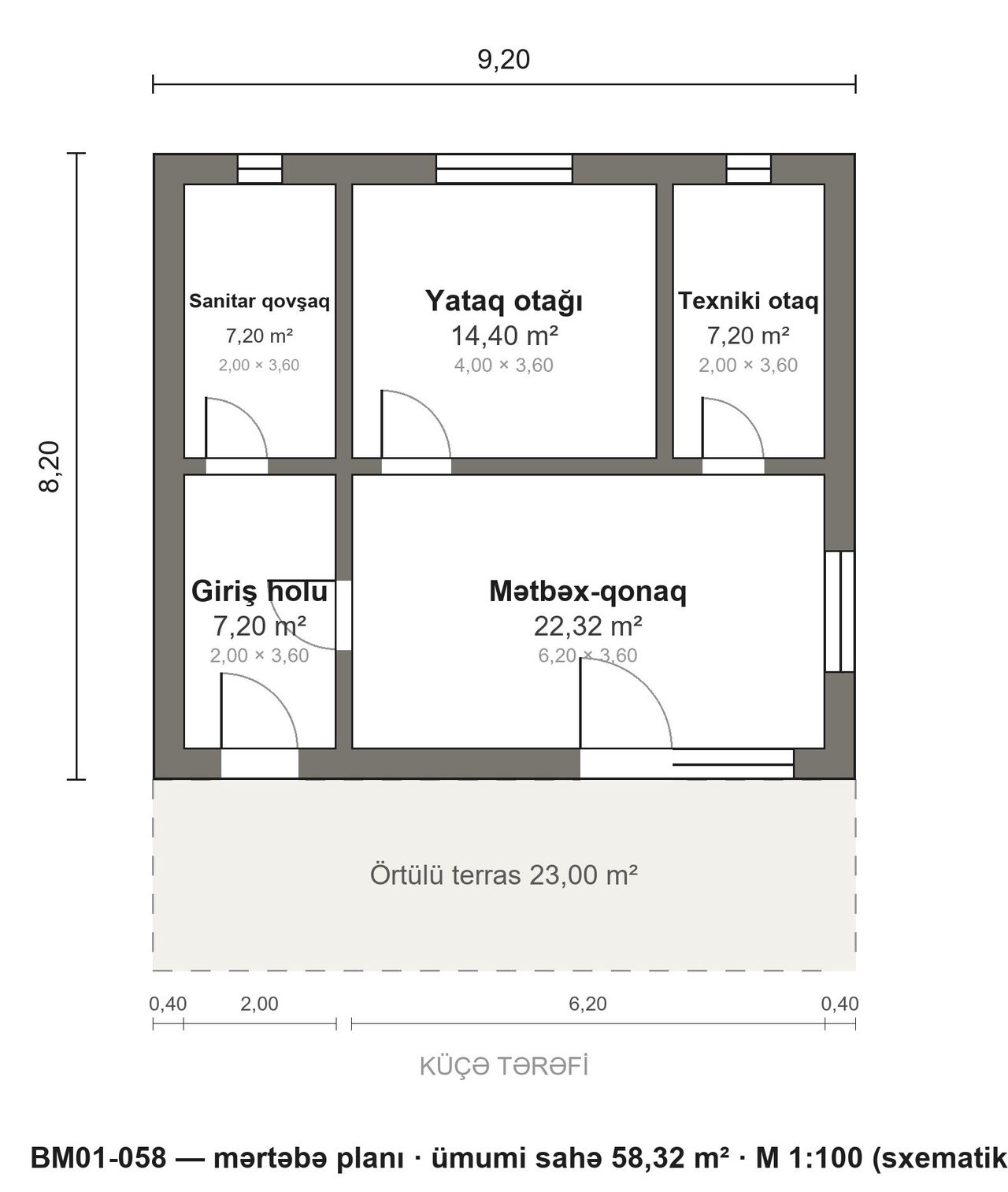 BM01-058 layihəsinin mərtəbə planı — 58 m², 1 yataq otağı