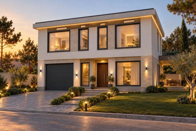 EM15-222 layihəsinin fasad vizuallaşdırması — ikimərtəbəli ev, düz dam