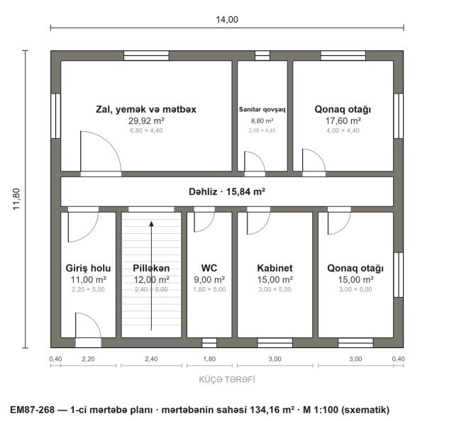 EM87-268 layihəsinin 1-ci mərtəbə planı — 134,16 m²