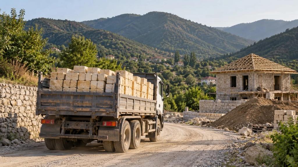 Regionda kənd yolu ilə tikinti sahəsinə daş daşıyan yük maşını