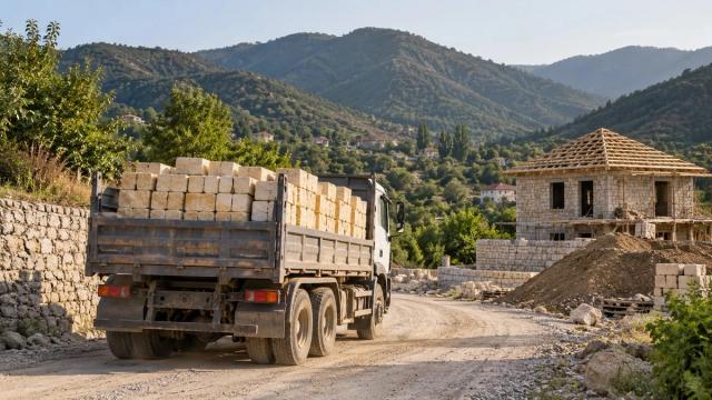Regionda kənd yolu ilə tikinti sahəsinə daş daşıyan yük maşını