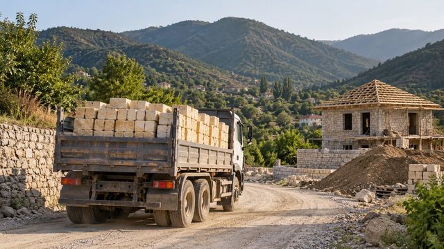 Regionda kənd yolu ilə tikinti sahəsinə daş daşıyan yük maşını