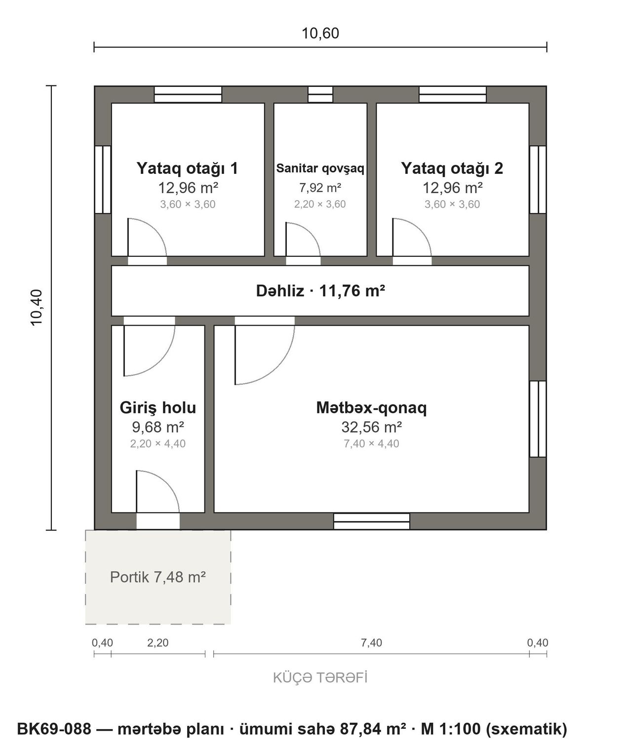 BK69-088 layihəsinin mərtəbə planı — 88 m², 2 yataq otağı