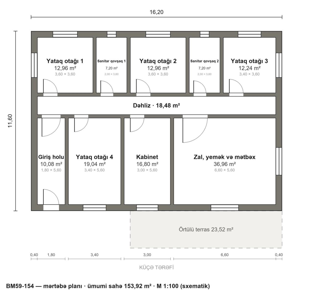 BM59-154 layihəsinin mərtəbə planı — 154 m², 4 yataq otağı